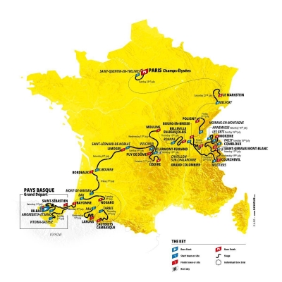 Yellow map of France with tour de France routes